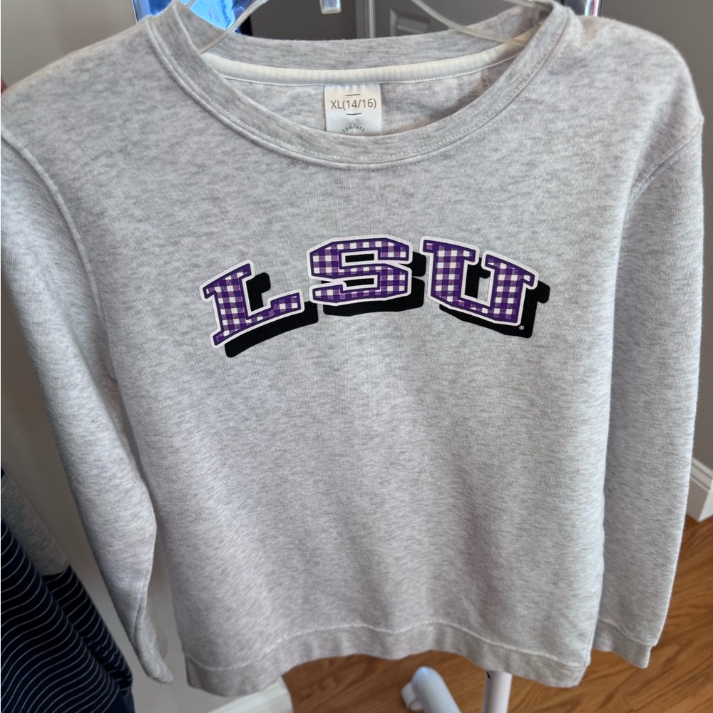 Gray LSU Crewneck Sweatshirt with Purple Lettering